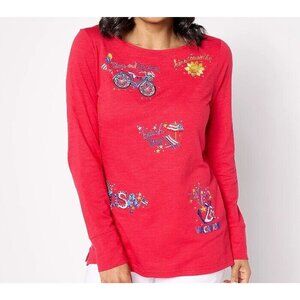 Quacker Factory Women XXL Long Sleeve Top Red Patriotic Summer Embroidered